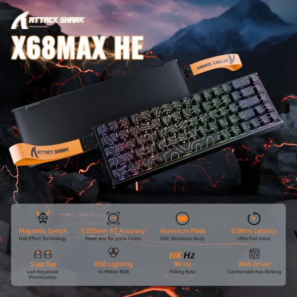 Attack Shark X68 HE Max Gaming Keyboard – Black Lines - Image 3